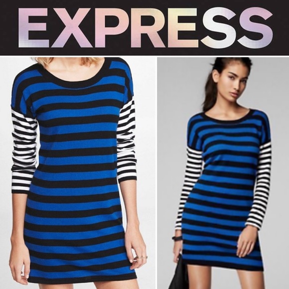 ♻️👗 Zipper Mix Striped Sweater Dress EXPRESS Blue - Picture 4 of 12
